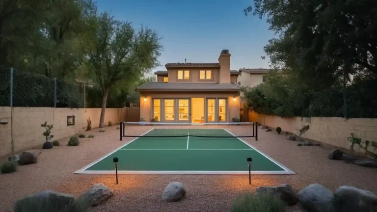 Modern backyard with a regulation-size pickleball court surrounded by desert landscaping, trees, and a well-lit home in the background.