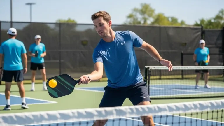 Man playing pickleball, about to strike the ball across the net.