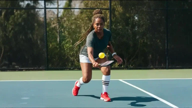Female player performing a low warm-up shot on the court, demonstrating flexibility, footwork, and full-body activation during a pickleball warm-up routine.