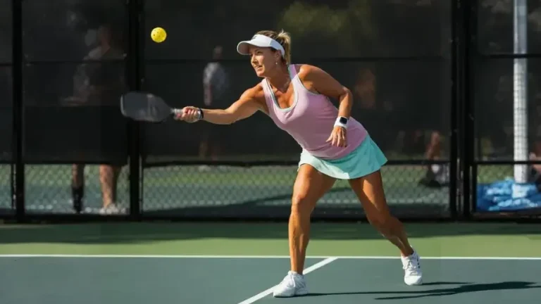Woman lunging to hit a shot during a pickleball match, showing strength, speed, and body control gained through effective pickleball cross-training routines.