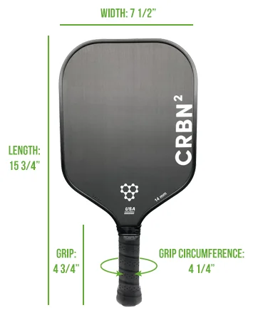 CRBN 2 Pickleball Paddle with labeled dimensions including width, length, grip size, and grip circumference