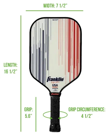 Franklin Sports Pro Pickleball Paddle with labeled specs including width, length, grip size, and grip circumference