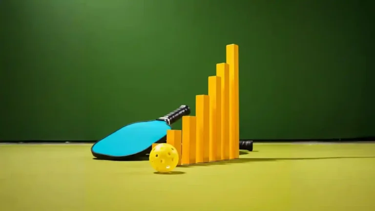 A blue pickleball paddle and yellow ball next to rising data bars, representing the growing role of pickleball analytics in performance and strategy improvement.