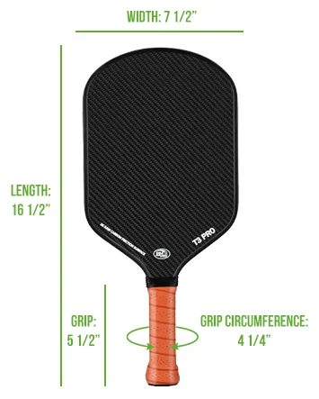 HVQ T3 Pro Pickleball Paddle with labeled specs including width, length, grip size, and grip circumference