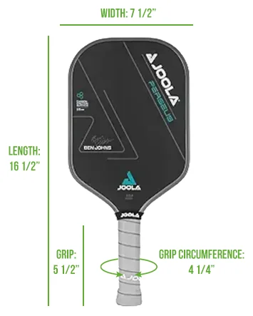 JOOLA Perseus Pickleball Paddle with labeled specs including width, length, grip size, and grip circumference