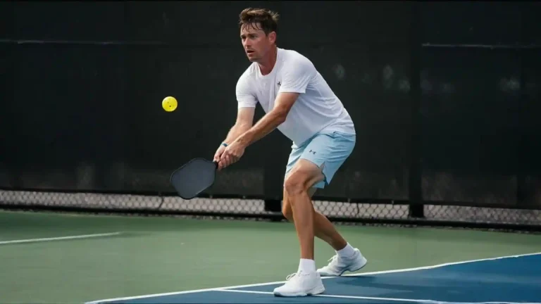Focused pickleball player preparing to return a shot outdoors, showing determination and readiness to adjust to changing pickleball weather conditions.