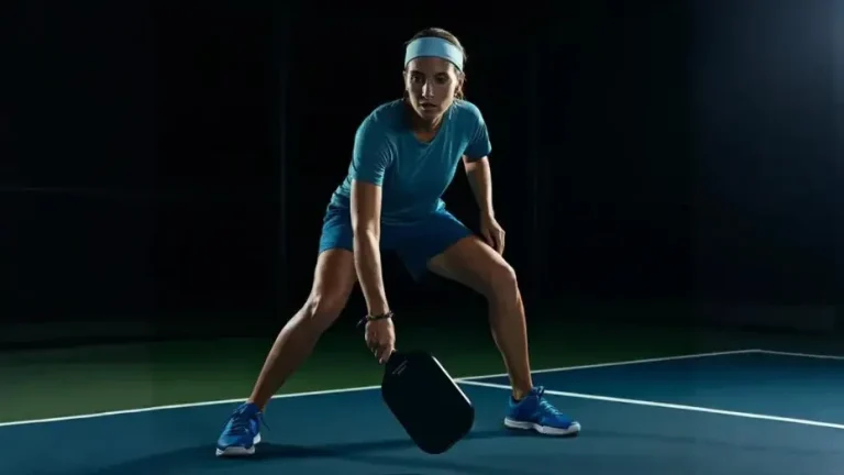 Focused female pickleball player in athletic stance under court lights, ready to return a shot during a competitive match.