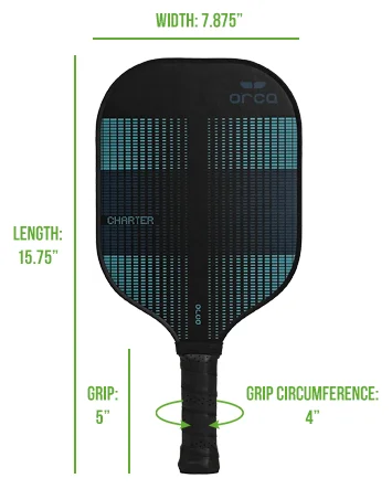 Orca Performance Series Charter Pickleball Paddle with labeled dimensions including width, length, grip size, and grip circumference