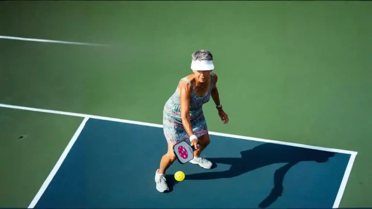 Senior woman playing pickleball with energy and focus on an outdoor court, showing the active lifestyle benefits of pickleball for seniors.