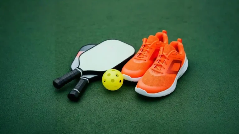 Pickleball gear for beginners featuring orange athletic shoes, two paddles, and a yellow pickleball on a green court surface.