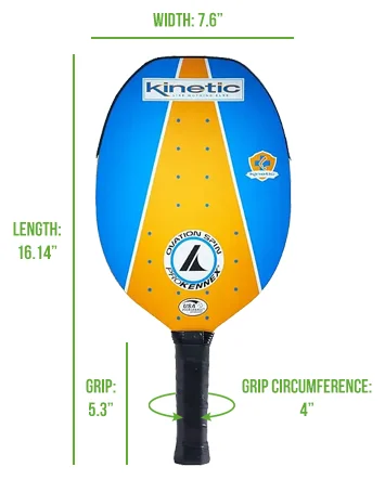 ProKennex Ovation Spin paddle showing full measurements including length, width, and handle size on a clean white background