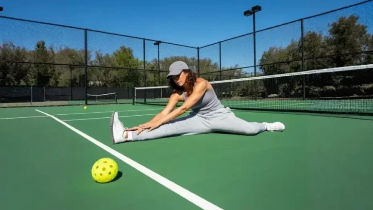 Woman stretching on a pickleball court to help prevent muscle fatigue in pickleball, promoting flexibility and recovery before or after gameplay.