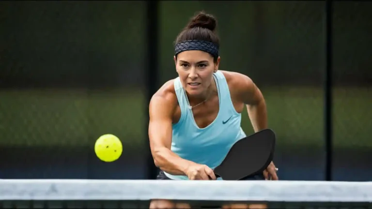 Focused female athlete lunging to return a shot, showing strength, speed, and conditioning gained through dedicated pickleball fitness training on the court.