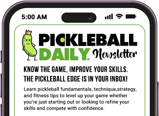 Smartphone screen showing the Pickleball Daily Newsletter with a pickle character, headline, and signup blurb about improving your pickleball game.