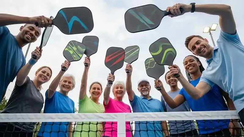 Pickleball Daily group of men and women happily holding paddles up for a photo next to a pickleball court net