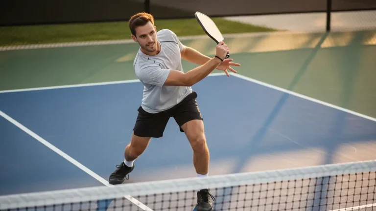 Pickleball player performing a third shot slice drop with a controlled high-to-low swing for a low skidding bounce.