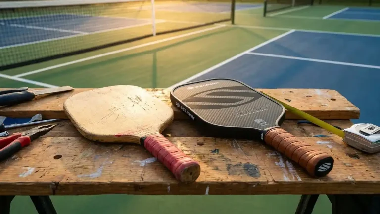 Two pickleball paddles—one worn budget model and one premium carbon paddle—laid side by side on a workbench courtside, comparing $50 vs $250 paddle construction.