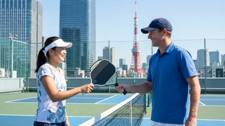 Two pickleball players tap paddles at the net, demonstrating friendly communication and silent hand-signal etiquette during play on an urban court.