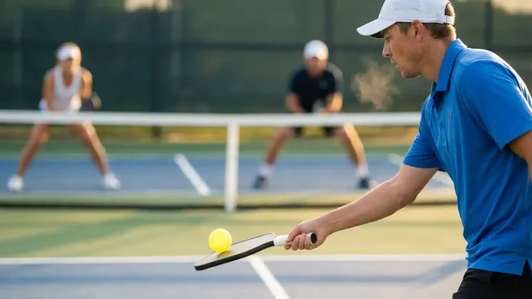 A pickleball player focuses on a soft third-shot drop, paddle angled gently under the ball, showing calm control and confidence during a key moment in play.