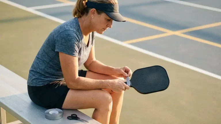A pickleball player applies paddle tape while seated courtside, fine-tuning balance and sweet-spot performance for better feel and control.