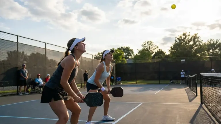 Two pickleball players track a high lob near the net, choosing patience and positioning as they decide when to let pop-ups go instead of forcing a risky shot.