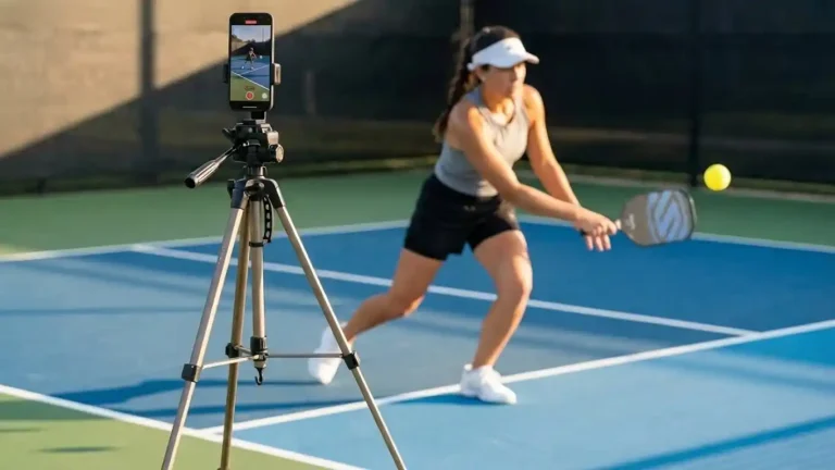 A pickleball player practices a controlled shot while being recorded on a smartphone tripod, using video replay to analyze technique and improve on-court performance.