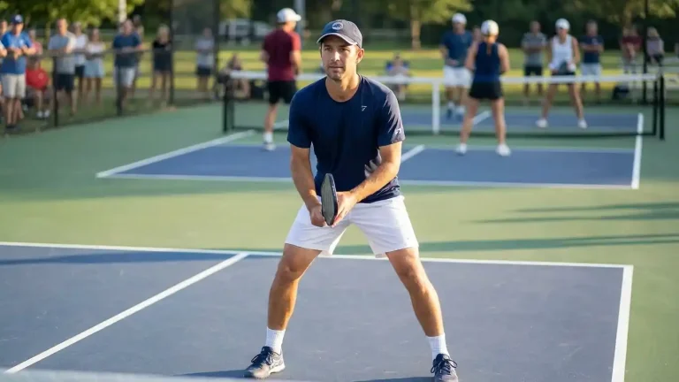 A focused pickleball player holds a ready stance at the net, showing calm body language and a “poker face” used to disguise shots and bluff opponents.