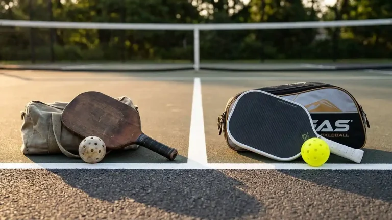 **Alt text:** Vintage and modern pickleball paddles with balls placed on opposite sides of a court, symbolizing the sport’s evolution from driveways in 1965 to worldwide play in 2025.