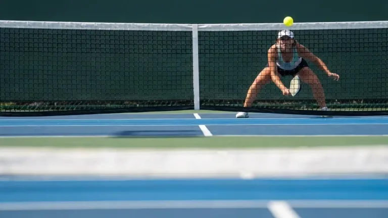 A pickleball net stretched tightly across the court as a yellow ball clips the net cord, illustrating the physics behind net play and unpredictable rebounds.
