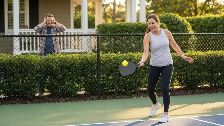 A pickleball player practicing a warm-up shot on court while an onlooker reacts from behind the fence, highlighting observation, preparation, and playful focus.
