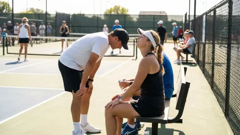Pickleball players pause between points as one leans in to talk, highlighting focus, recovery, and mindset shifts that help protect a big lead and finish strong.