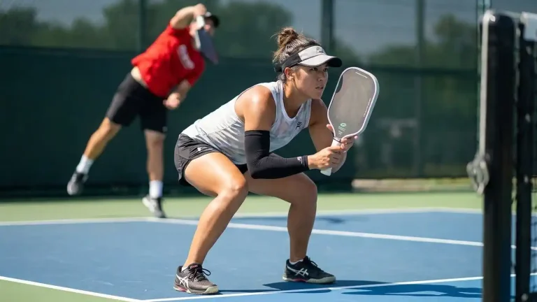 A pickleball player crouches at the kitchen line, paddle ready and focused, showing how staying close improves reaction time, control, and safety at the net.