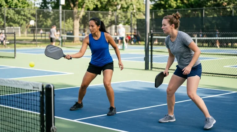 Two pickleball players compete near the net on a vibrant outdoor court, with one preparing to return the ball.