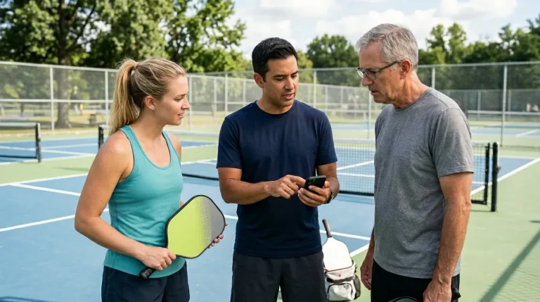 A lady holding a paddle while discussing skills rating with 2 gentlemen