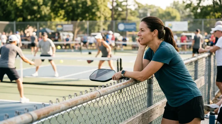 A lady holding a paddle at the court watching others play