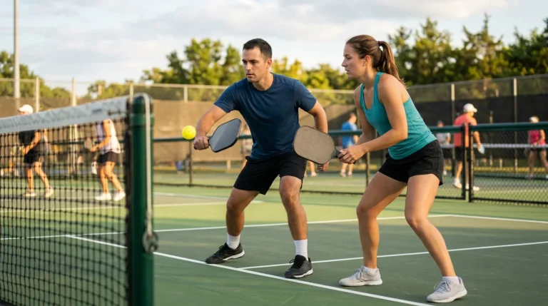 Two pickleball players stay ready near the net, preparing for a fast exchange during an outdoor doubles match.