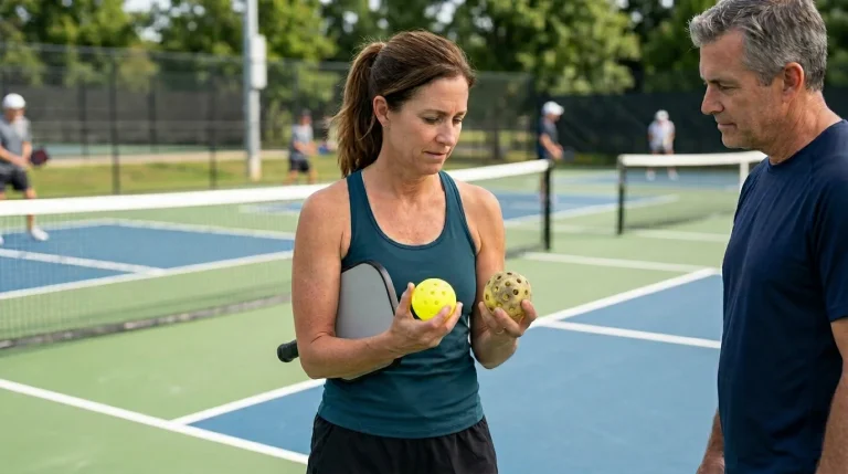 A lady holding an old pickleball